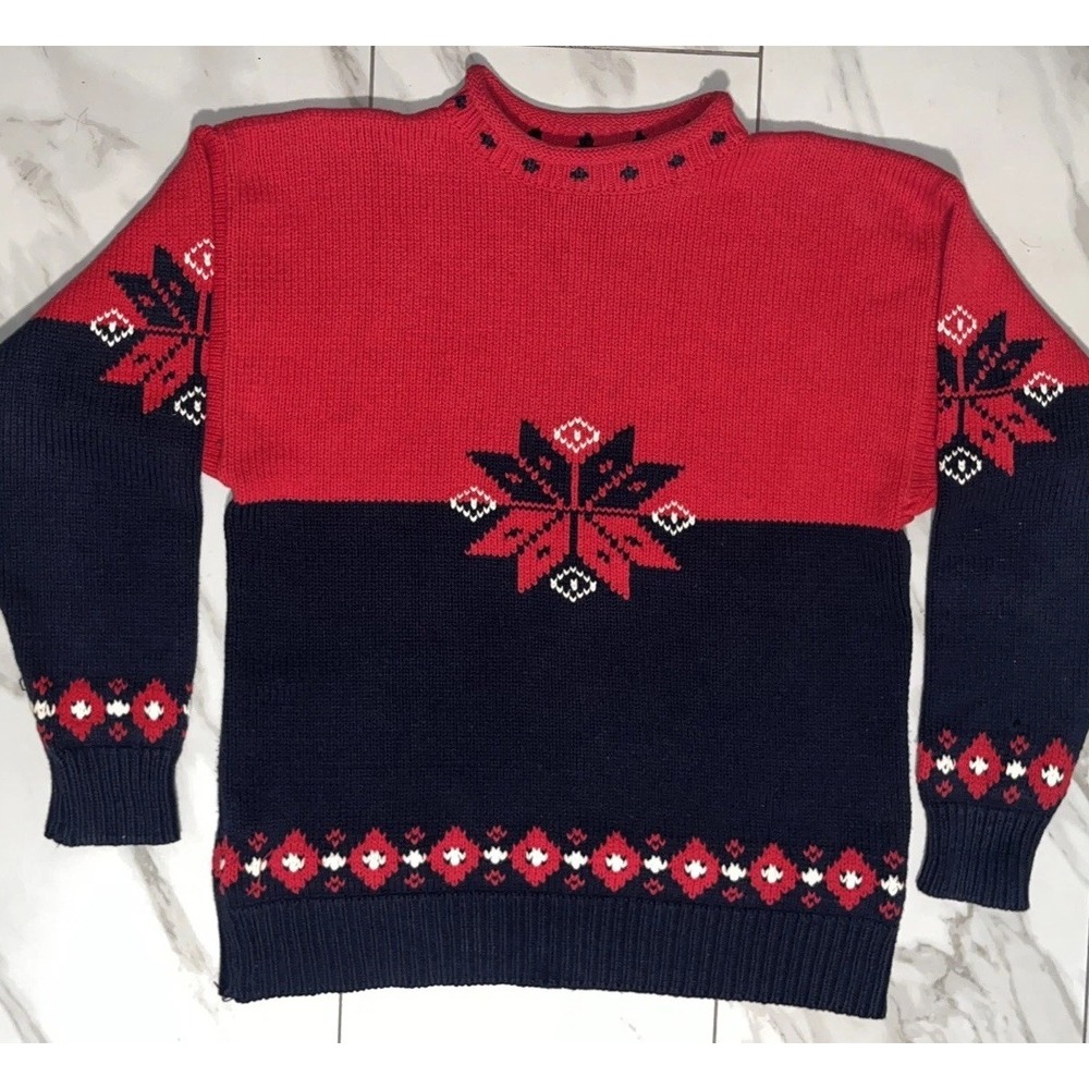 Vintage 90s GAP Nordic Snowflake Knit‎ Sweater 100% Cotton Fair Isle Size L